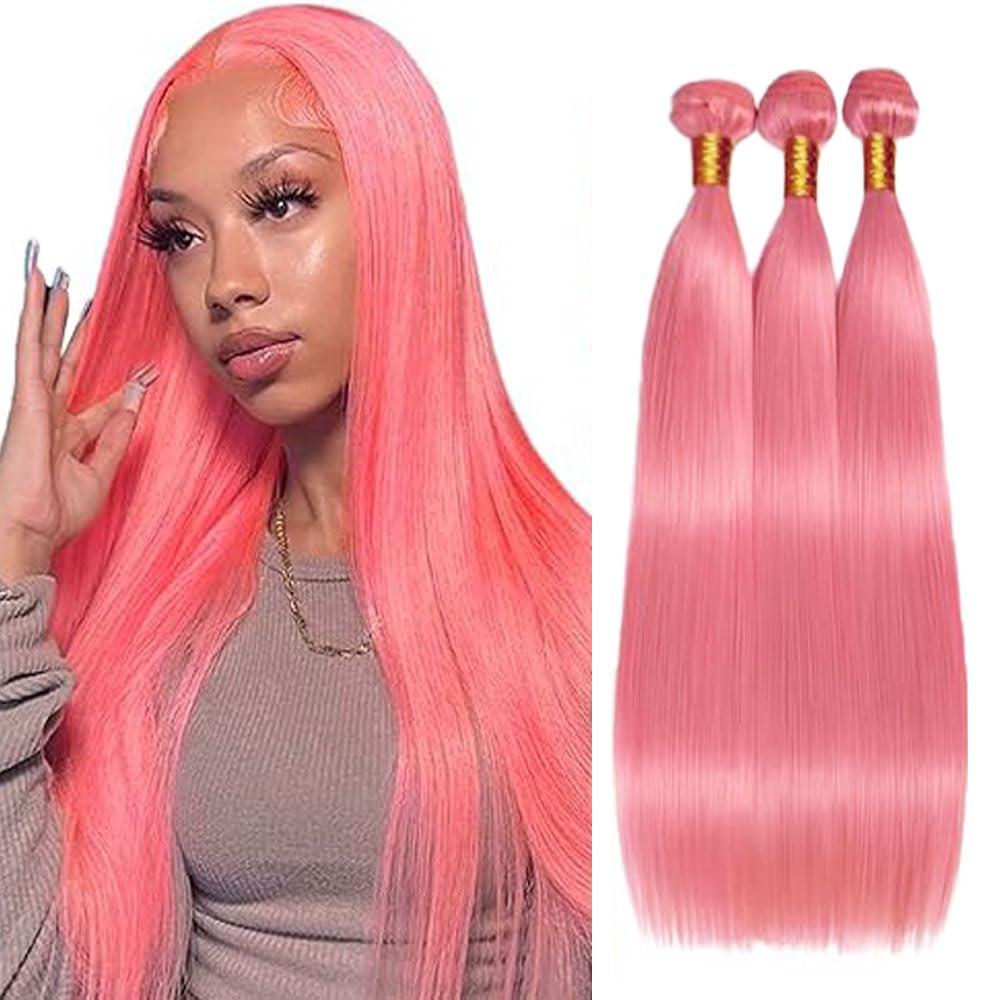 Pink Bundles Human Hair Straight 24 26 28 Inch Pink Bundle Human Hair Extension 3 Bundles 50 Gram Per Bundle 150g Total Unprocessed Virgin Hair Double Weft