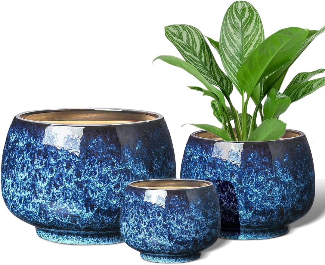 Ceramic Planters Pots, 6+8+10 Inch Plant Pots with Drainage Holes, Modern Flower Pots Indoor Outdoor, Round Large Flower Pots, Blue (Reactive Glaze Blue) Pack of 2