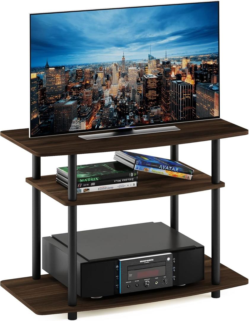 Furinno Turn-N-Tube No Tools 3-Tier Entertainment Center TV Stand for TV up to 32 Inch, Plastic Round Tubes, Columbia Walnut/Black