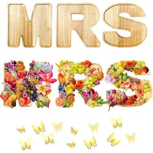 Wooden Mrs Charcuterie Board Letters Fillable,3pcs Mrs Letters for Charcuterie Board with 24 Gold Butterfly,Charcuterie Letter Tray for Bridal Shower Party Engagement Bachelorette Decorations