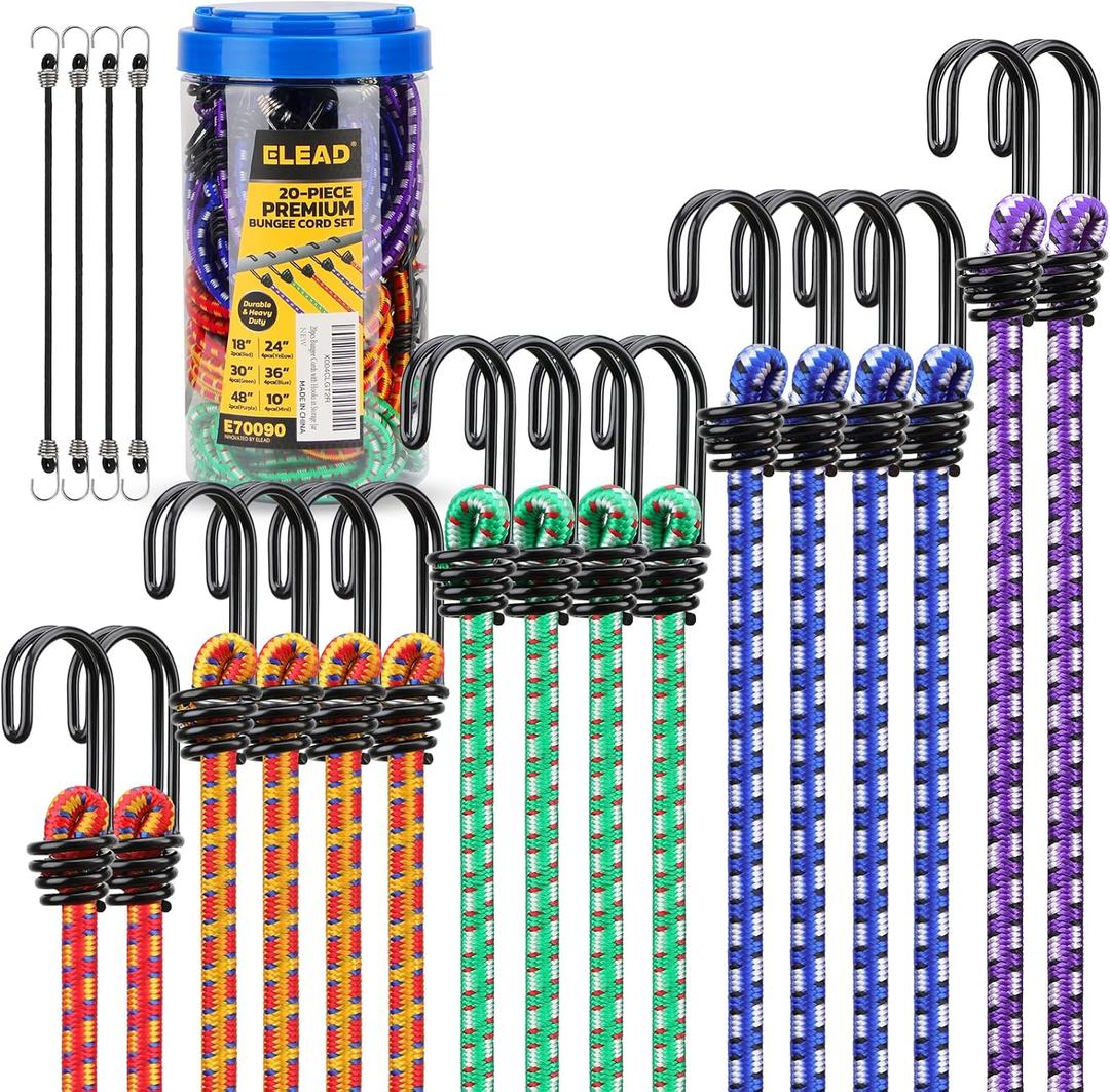 Bungee Cords Heavy Duty Outdoor: 20 Pcs Premium Rubber Bungee Cords with Hooks in a Storage Jar Includes 10", 18", 24", 30", 36", 48" Bungee Cord for Camping, Tent, Fastening Items