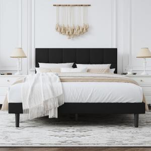 Queen Bed Frame with Upholstered Headboard  Heavy Duty Platform Bed Frame Queen Size with Sturdy Wood Slats, No Box Spring Needed, Noise-Free, Easy Assembly, Modern Bedroom Furniture (Black, Queen)