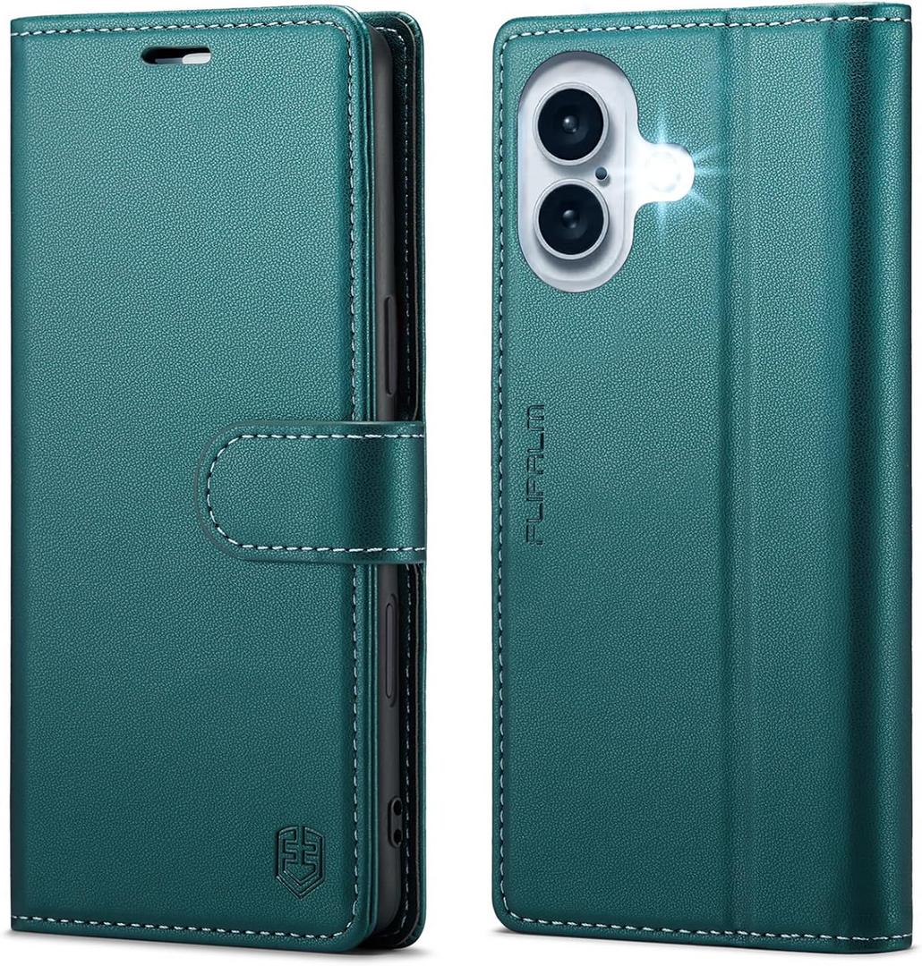 Compatible with iPhone 16 6.1" Wallet Case with RFID Blocking Credit Card Holder, PU Leather Folio Flip Kickstand Protective Shockproof Cover Women Men for Apple 16 Phone Case (Bluegreen)