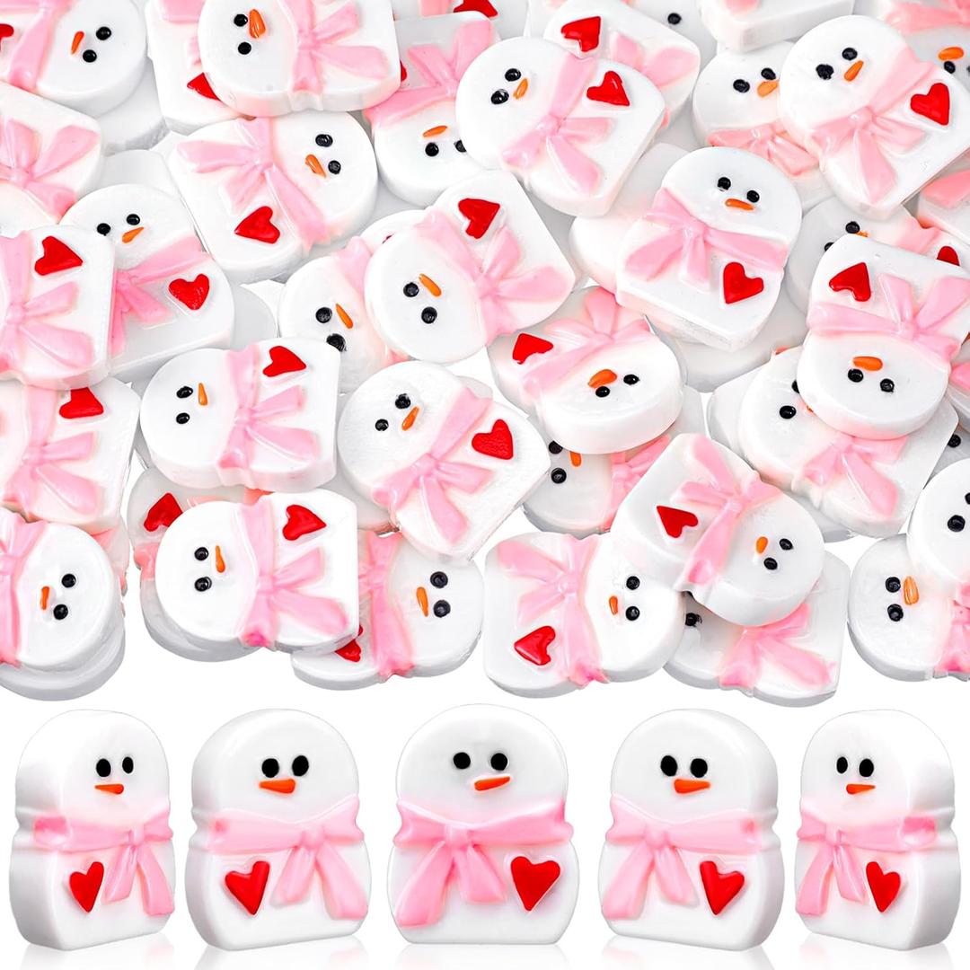 60 Pcs Valentines Mini Snowman Figurines with Pink Scarf Tiny Resin Snowman Miniatures Figures Romantic Shelf Decor for Valentines Winter Crafts Landscape Garden Cake Topper DIY Gift