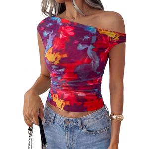 PRETTYGARDEN Women's Off Shoulder Tops 2026 Summer Going Out Crop Tank Tops Asymmetrical Floral Mesh Tight Y2K Shirts Clothes (L)