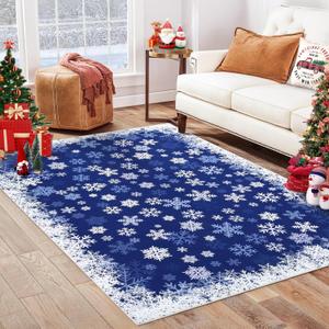 GarveeHome Area Rug 6x9 Christmas Snowflake Rug Machine Washable Area Rugs, Non-Slip Indoor Door Mat Holiday Large Area Rug for Bedroom Entryway, Blue
