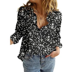 2 x Dokotoo Women's Casual V Neck Alicia Floral Print Roll Up Long Sleeve Chiffon Button Down Blouses Bohemian Top Shirts