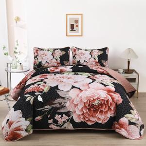 WONGS BEDDING Black Quilt Set Queen,3 Pieces Pink Floral Bedspreads Lightweight Botanical Coverlet Set for All Seasons, Reversible Quilted Printed Bedding Set with 2 Pillow Shams (Queen 90"96")