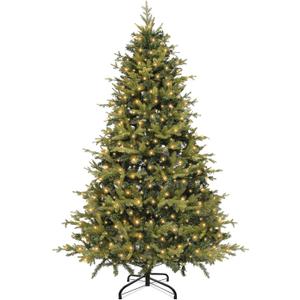 6 Ft Prelit Aspen Fir Artificial Full Christmas Tree with Bright Warm White Lights, 934 Realistic-Feel PE & PVC Mixed Branch Tips, UL Plug Hinged Design Xmas Tree for Holiday Home Decor