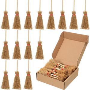 Cindeer 30 Pcs Miniature Halloween Mini Straw Brooms Artificial Halloween Straw Craft Decoration Small Dollhouse Witch Broomstick with Red Ropes Wizard Witches Accessory for Costume Cosplay Party