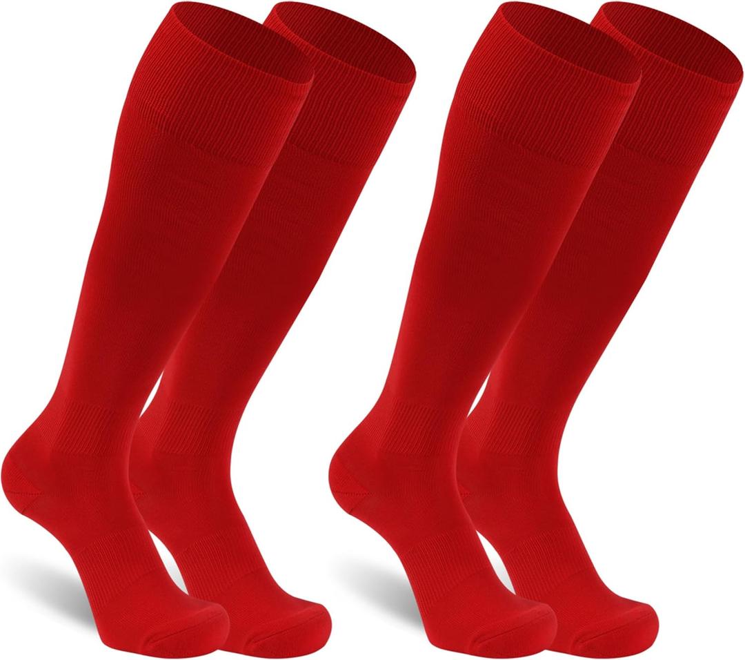 Dsource Unisex Soccer Socks, Knee High Solid Baseball Football Sports Team Socks (Large, Red-2 Pairs)