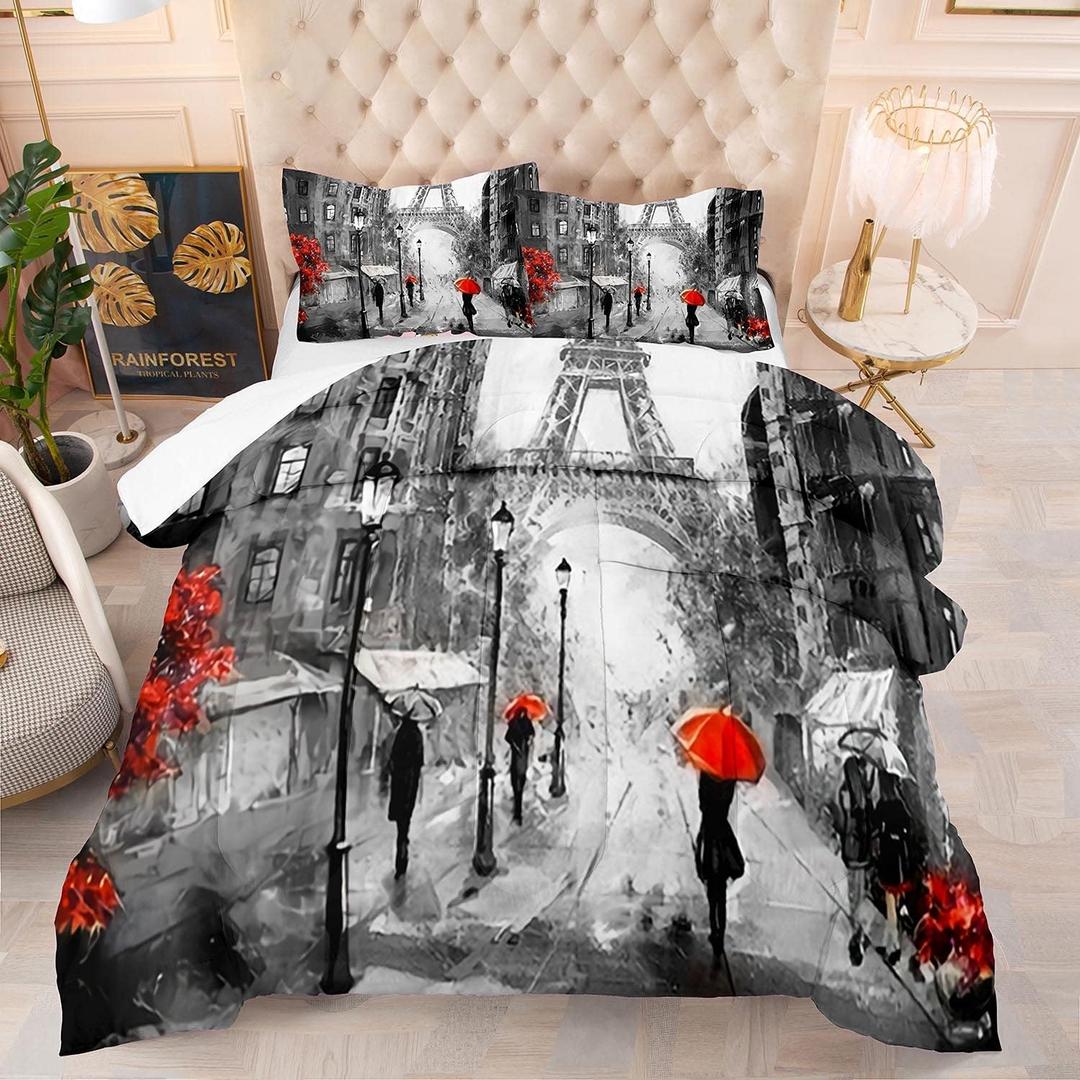 kxry Paris Comforter Set Grey Eiffel Tower Quilt Bedding Queen Size French Style Red Umbrella for Women Girls 1 Comforter + 2 Pillow Cases