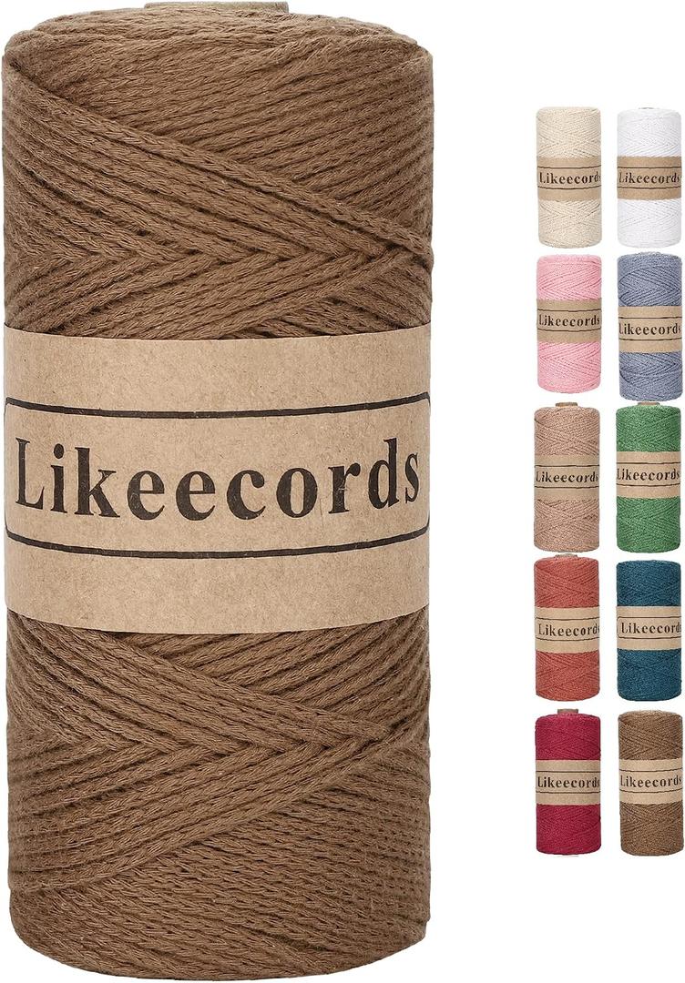 Likeecords 100% Cotton Crochet Bag Cord 2mm 170m Macrame Cord 2mm Crochet Thread Macrame Rope Gift for Knitter (Brown)