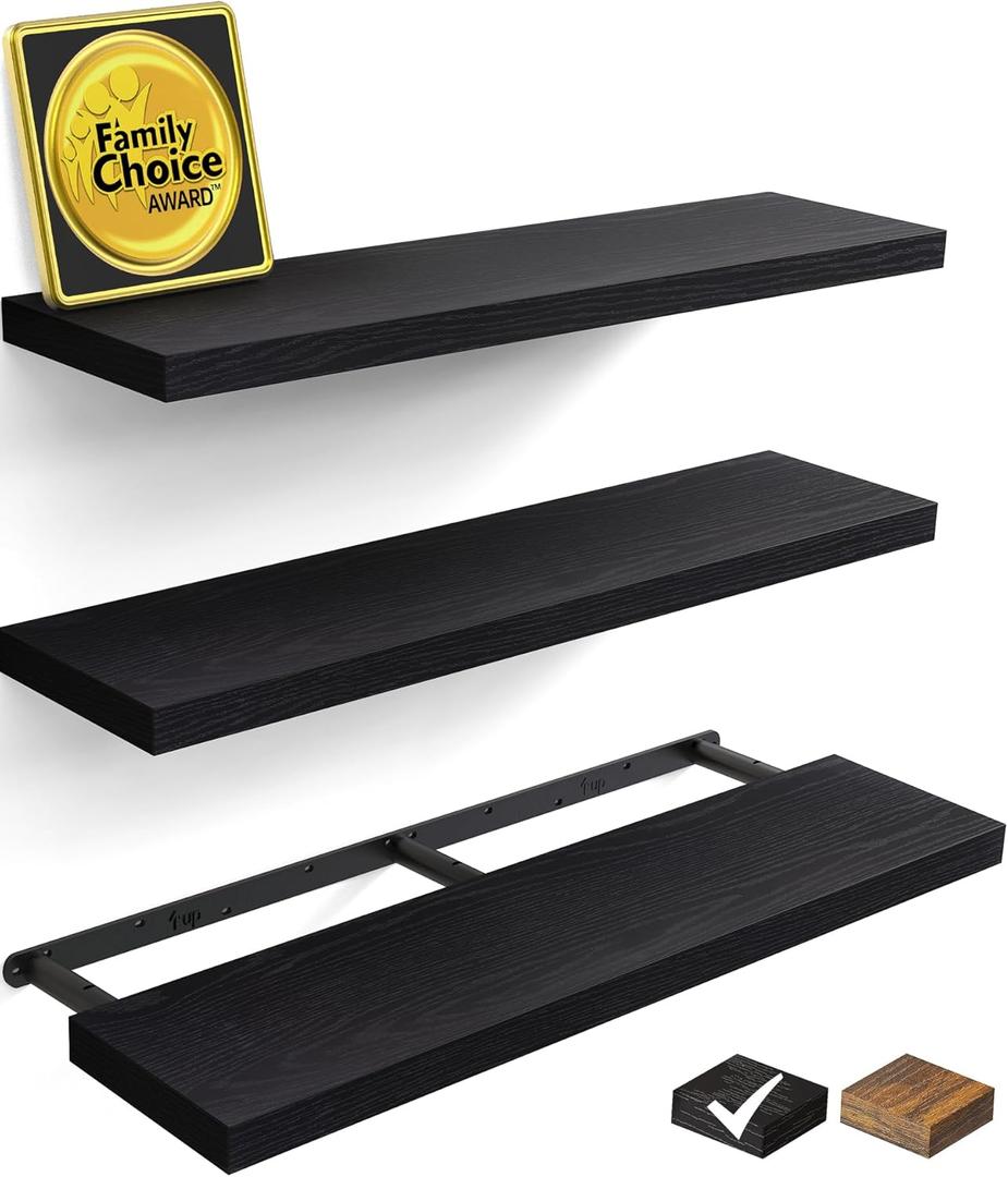 BAYKA Floating Shelves for Wall, 36 inches Wall Mounted Rustic Wood Shelves for Bathroom, Bedroom, Living Room, for Books/Storage/Decor with 22lbs Capacity, Black, Set of 3