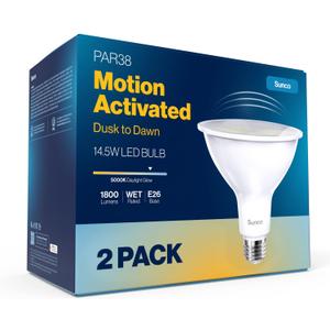 Sunco PAR38 Dusk to Dawn Outdoor Flood Light Bulb, LED Security Spotlight 150W Eq 5000K Daylight Waterproof Floodlight, Motion Sensor Compatible, E26 Base, UL Certified, Non-Dimmable, 2 Pack