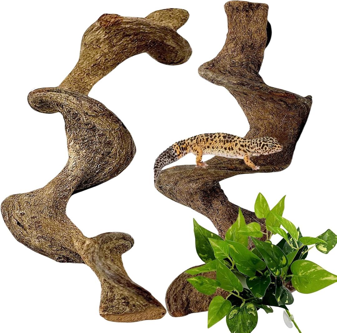 BNOSDM 2PCS Natural Reptile Climbing Branches Decor,1.3-1.8" Thick Natural Snake Climbing Forest Wood with Plant Leaf Decor,Lizard Forest Branch,Geckos Tank Tree Trunk Accessories for Bearded Dragons