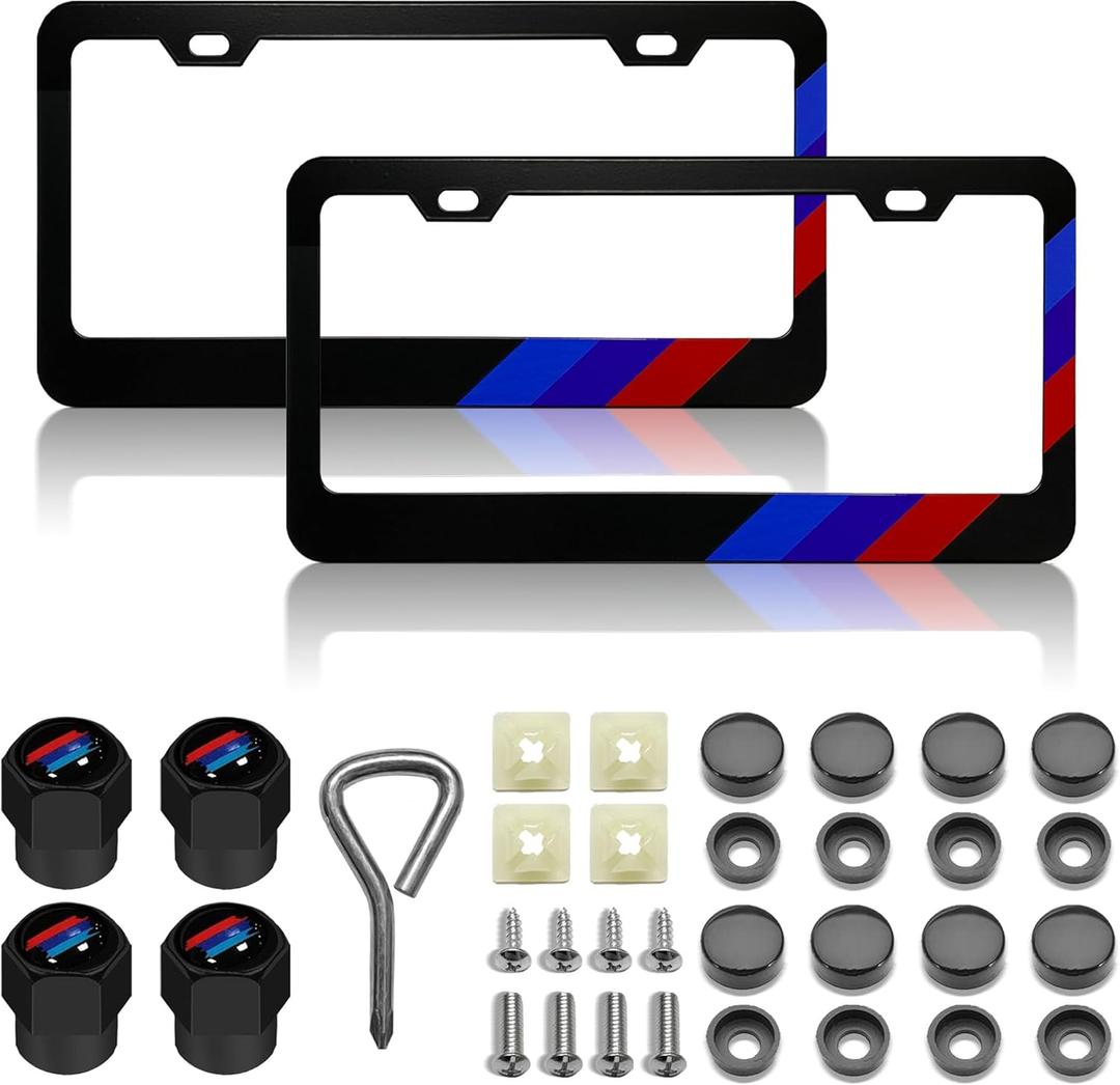 License Plate for Logo Premium Black Steel BMW License Plate Holder Compatible All Vehicle License Plate Tag Cover Fit Accessories Included (Black-Blue Blue red) (for BMW)