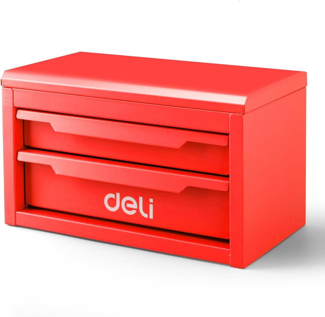 DELI Mini Tool Box with 2 Drawers and Top Storage, Small Metal Tool Box for Garage, Office, Vanity. Perfect for Small Item Storage Organizer, Red