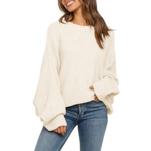 Mafulus Women's Oversized Crewneck Sweater Batwing Puff Long Sleeve Cable Slouchy Pullover Jumper Tops (Large, 1-beige)