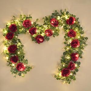 Dolicer 2Pcs 13Ft Artificial Eucalyptus Garlands with Flowers - 8 Roses, Faux Floral Greenery Garlands with 13Ft String Lights Fake Flowers Vines for Wedding Table Centerpieces Arch Party Decor (Red)