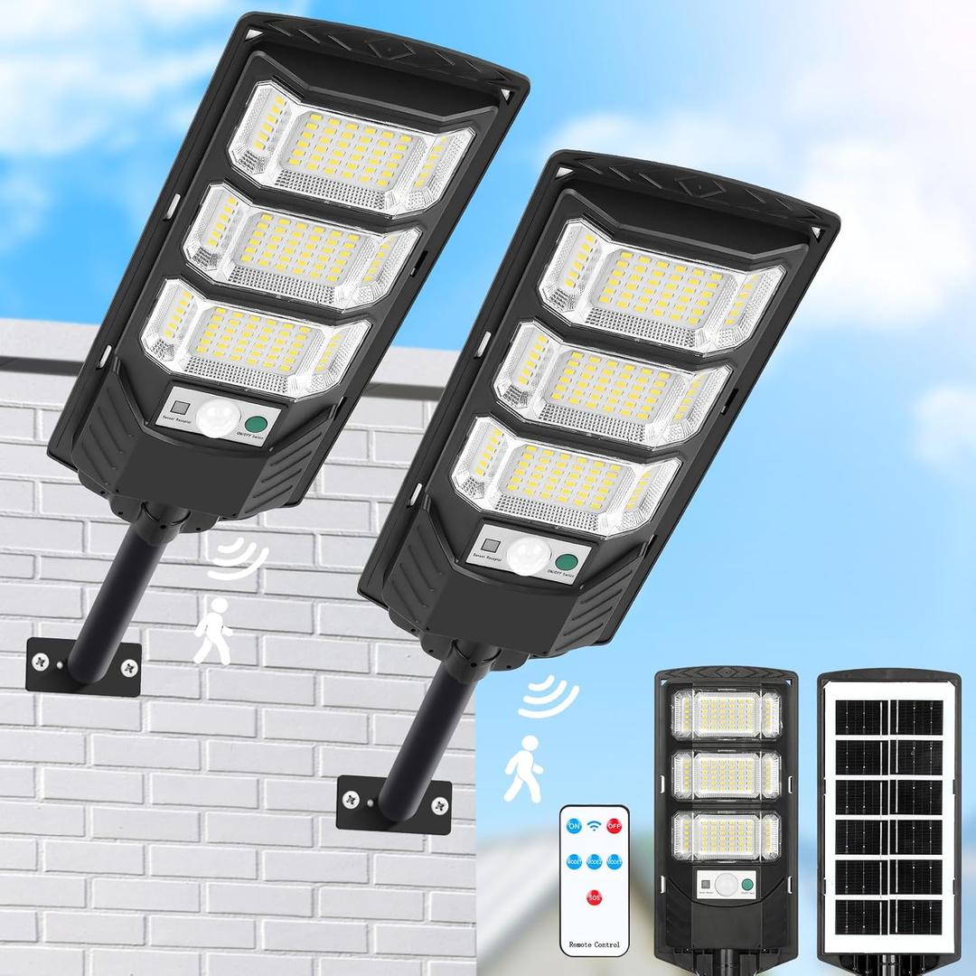 Solar Lights Outdoor Waterproof, 6500K Solaroutdoor Street Light Outdoor, LED Solar Flood Light Dusk to Dawn with Motion Sensor and Remote, Solars Security Lights for Parking Lot, Yard 2 Pack