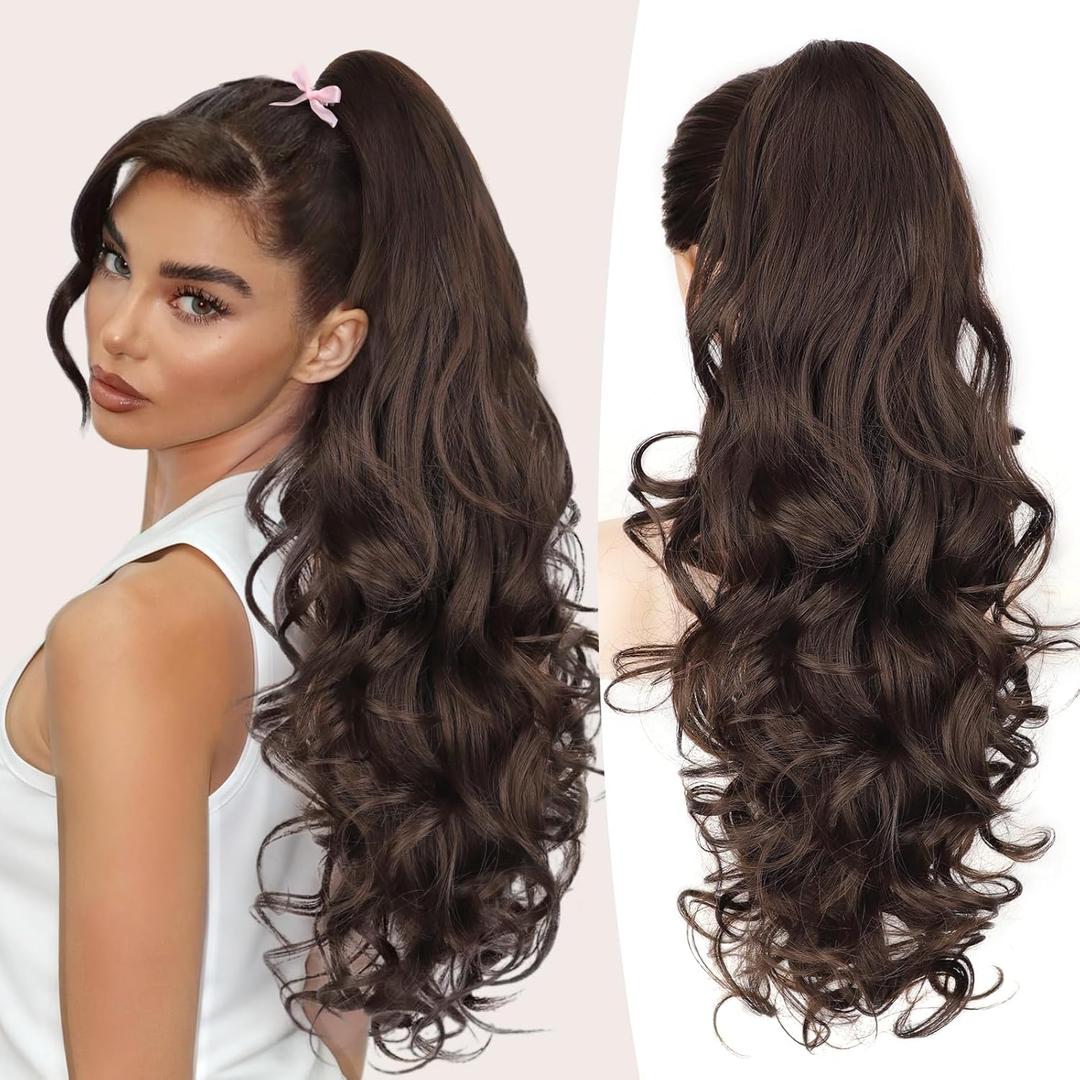 ALXNAN Claw Long Wavy Ponytail Extension,24 Inch Curly Pony Tail Clip in Hair Extensions for Women, Dark Chocolate Brown Clip on Pony Tails Hair Extensions