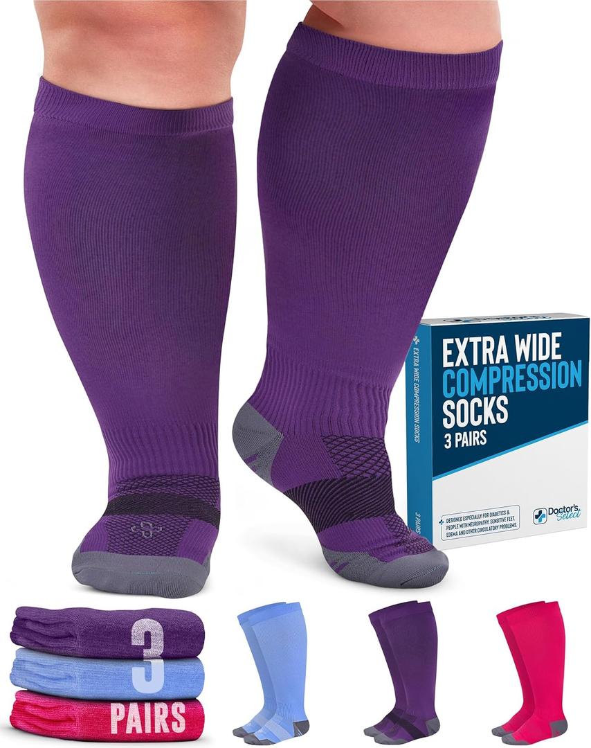 Doctor's Select 3 Pairs Plus Size Compression Socks Wide Calf - Up to 6XL | 20-30 mmHg Compression Socks for Women Wide Calf | Pink, Purple, Blue