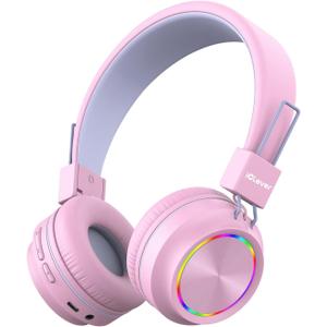 iClever BTH03 Kids Bluetooth Headphones, Colorful LED Lights, 35H Playtime, Bluetooth 5.4, Type C Fast Charging, Safe Volume, Stereo Sound Mic, On Ear Kids Wireless Headphones for iPad Airplane, Pink