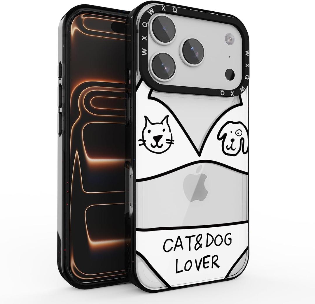 for iPhone 17 Pro Case with Lanyard, [6.6ft Military-Grade Drop Tested] Shockproof Phone Cover, 1.8mm Raised Camera Protection, White Playful Cat & Dog in Bikini Pattern