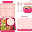 Pawtong Bento Lunch Box with 8oz Soup Thermo, Kids Leakproof Lunch Food Containers with 4 Compartment, Kids Thermo Insulated Hot Food Jar for School, Trvael - (Pink)
