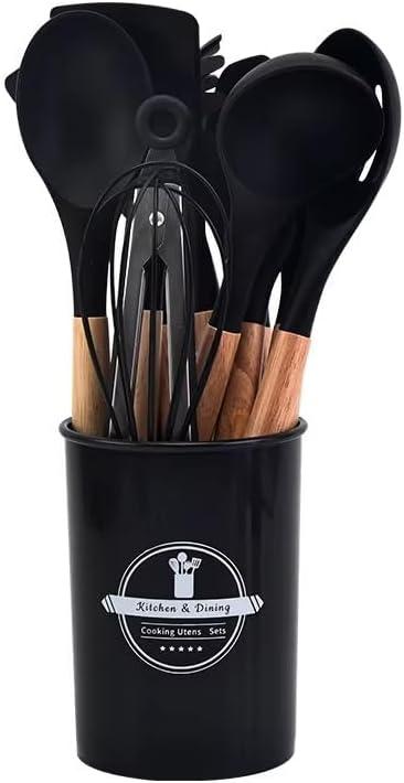 Eco-Friendly Silicone Kitchen Tools Sustainable Cooking Utensils 12-Piece Silicone Cookware Set | Custom Non-Stick, Heat-Resistant, BPA-Free Cooking Tools & Stirring Utensils (Black)