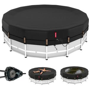 QH.HOME 18 ft Round Pool Cover,Solar Cover for Above Ground Pools - Black Oxford Fabric Heats Water, Blocks Leaves & Sun, Windproof Snug Fit with Patented Ratchet & Weight Rings