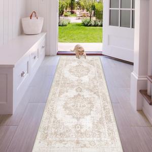 Area Rug 2x6 Runner Rug: Washable Vintage Hallway Rugs Indoor Medallion Rug Low Pile Distressed Floor Carpet Retro Accent Rugs for Kitchen Bedroom Bathroom Dining Room(Beige, 2'x6')