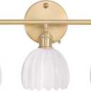 Bathroom Light Fixtures, 3-Light Brass Vanity Wall Light Over Mirror with White Tulip Glass Shade for Bedroom Living Room (Hardwired)