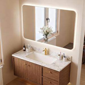 Backlit Led Mirror for Bathroom Rectangular Frameless Wall Mirror with Light Rounded Corners, Shatter Proof, Dimmable, Smart, 3-Color Lights, Tempered Glass (No Anti-Fog, 40''X30'')