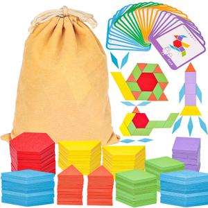 LovesTown 209 PCS Shapes Wooden Pattern Blocks for Kids,Geometric with Activity Cards and Storage Bag, Educational Tangram Puzzles,Great Learning Gift from Parents or Teachers