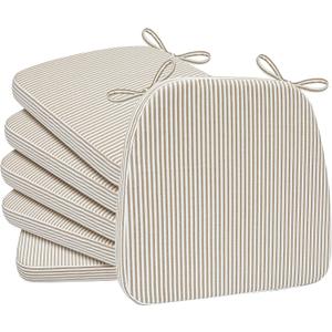 AAAAAcessories D-Shaped Chair Cushions, 2" Thick Dining Chair Pads with Ties and Removable, Machine-Washable Cover, 17" x 16", Set of 6, Natural Sand Pinstripe, 6 Count