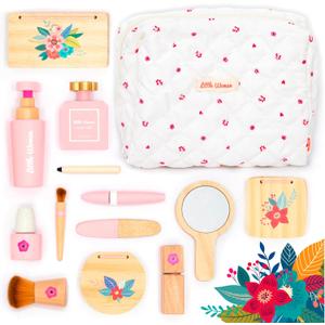 UMU Stylish Wooden Beauty Set Little Woman for Girls - Makeup Playset 17 Piece Kit with Makeup, Brush, Mirror and Cosmetics Case, Best Gift for 3, 4, 5+ Girls Kids