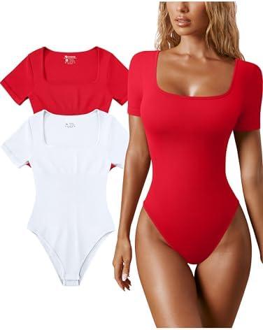 OQQ Women's 2 Piece Bodysuits Sexy Ribbed One Piece Square Neck Short Sleeve Bodysuits S Red & White