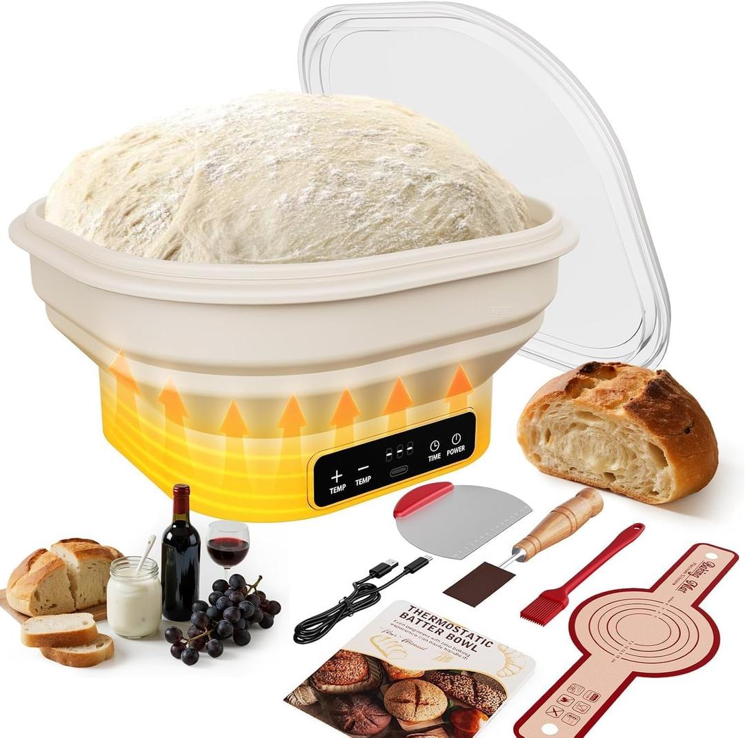 Heating Banneton Bread Proofing Basket, Upgrade Timer & 6 Temp Settings, Silicone Sourdough Bread Proofing Basket Set, Electric Thermostatic Banneton Basket with Display