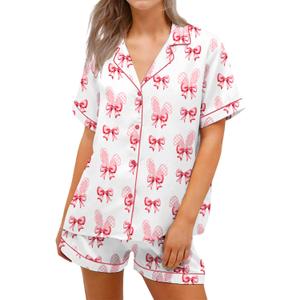 RUEWEY Women Easter Pajamas Set Bow/Rabbit Print Button T-Shirt and Elastic Shorts for Loungewear Soft Sleepwear (Large)