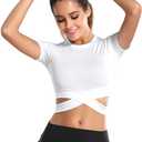 DREAM SLIM Short Sleeve Crop Tops for Women Tummy Cross Fitted Yoga Running Shirts Gym Workout Cropped Tank Tops (White, XS)