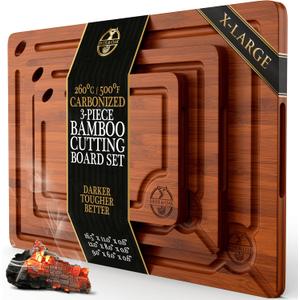 Pre-Oiled, Non Toxic 3-Piece Carbonized Bamboo Cutting Board Set, Eco-Friendly Wooden Chopping Boards for Kitchen with Hanging Hole, 500F Carbonized Technology Charcuterie Serving Boards Deer & Oak