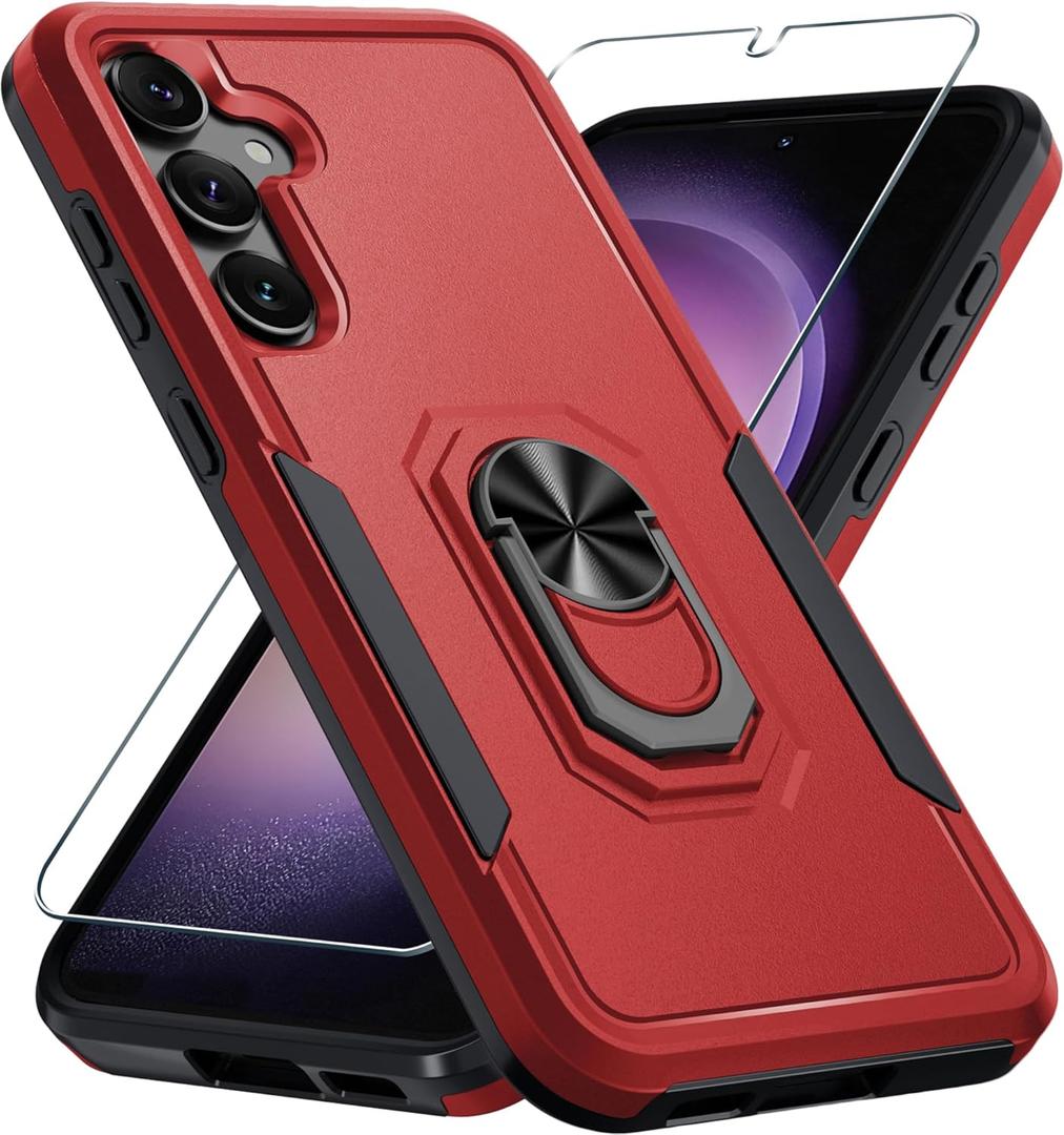 Compatible with Samsung Galaxy S24/S25 Case with Screen Protector Tempered Glass,Heavy Duty Shockproof Full Body Phone Cover Built in Metal Ring Holder Kickstand,2025 Red