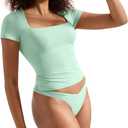 SUUKSESS Women Double Lined Fitted Basic Tee Square Neck Short Sleeve Y2K Crop Top (Green, L)