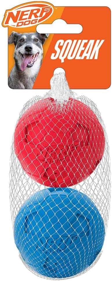 Nerf Dog Soccer Ball Dog Toy with Interactive Squeaker, Lightweight, Durable and Water Resistant, 2.5 Inches, For Medium/Large Breeds, Two Pack, Blue and Red