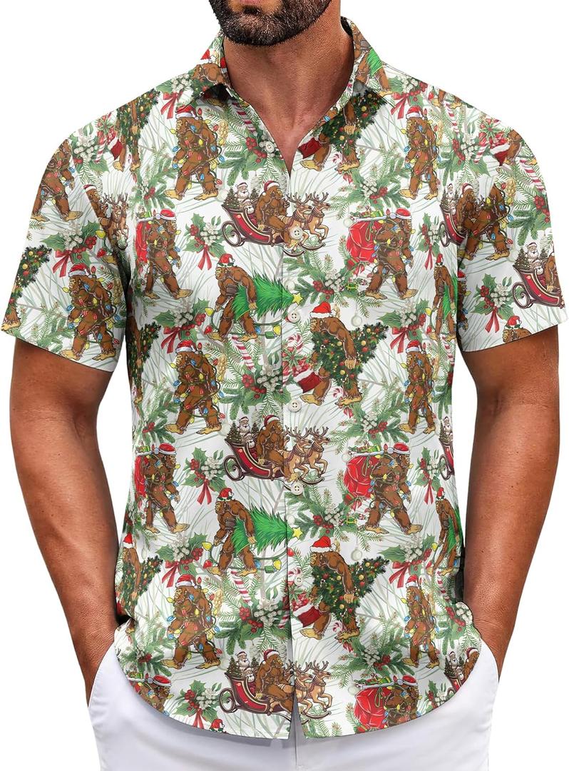 Christmas Shirt for Men Short Sleeve Button Down Santa Claus Vacation Hawaiian Shirts (X-Large)
