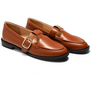 Coutgo Womens Slip On Loafers T-Strap Closed Round Toe Flats Comfortable Work Business Dress Shoes (Brown)