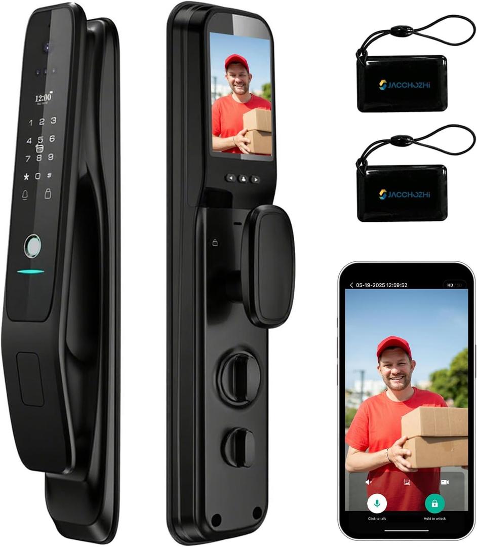 3D Face Recognition Smart Lock with Camera,Keypad Door Lock with Handle, Keyless Entry Fingerprint Smart Mortise Lock for Front Door,Electronic Deadbolt,Video Doorbell,HD Screen,Waterproof