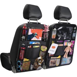 JUSTTOP Black Car Backseat Organizer with Touch Screen Tablet Holder, 9 Storage Pockets Kick Mats Car Seat Back Protectors for Kids Toddlers, Car Travel Accessories, 2 pack